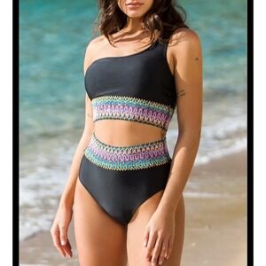 Women's L Black One Shoulder High Waisted Bikini Swimsuit Two Piece Beach Summer